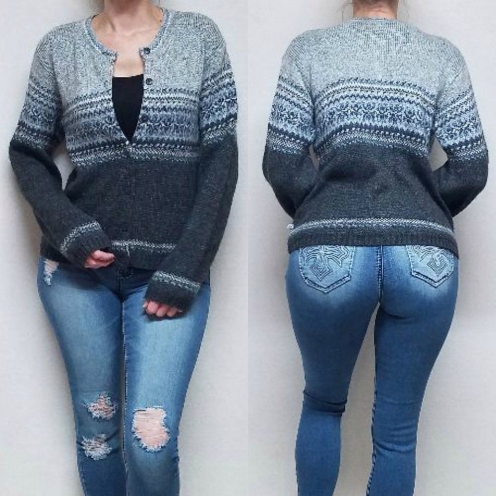 VINTAGE 80s Route 66 Gray Blue Fair Isle Cardigan